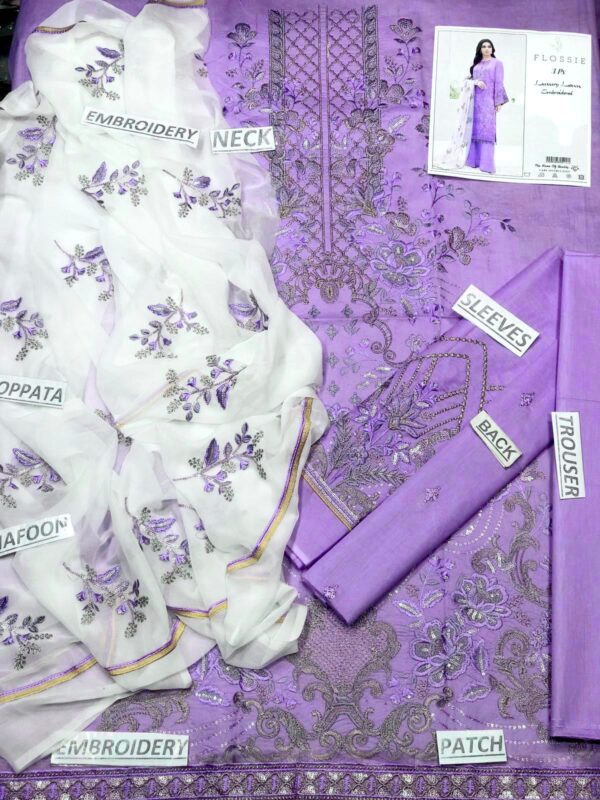 Zarqaaa Flose Luxury Embroidered Lawn Suit – Code 104 | 3PC Set - Image 3