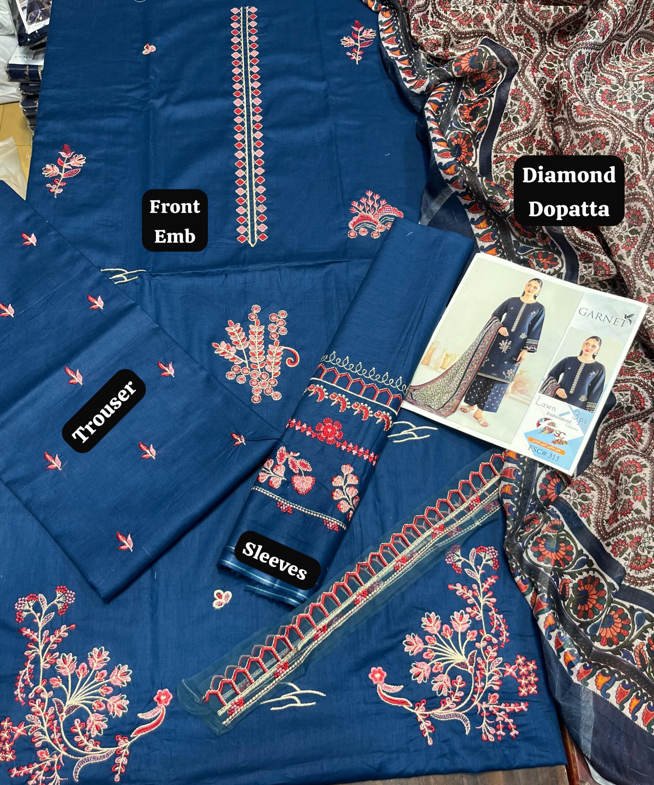 Zarqaaa Garnet Luxury Embroidered Lawn Suit β Code 315 | 3PC Set - Image 3