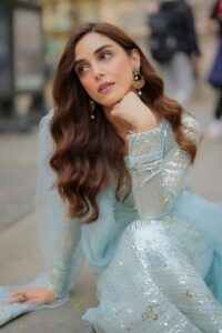 Model wearing Zarqaaa premium clothing brand dress