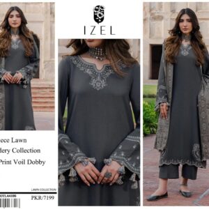 Izel Lawn Suit with embroidered front neck, embroidered sleeves, dyed trouser, and digital print voil dobby dupatta for Summer 2026 in Pakistan