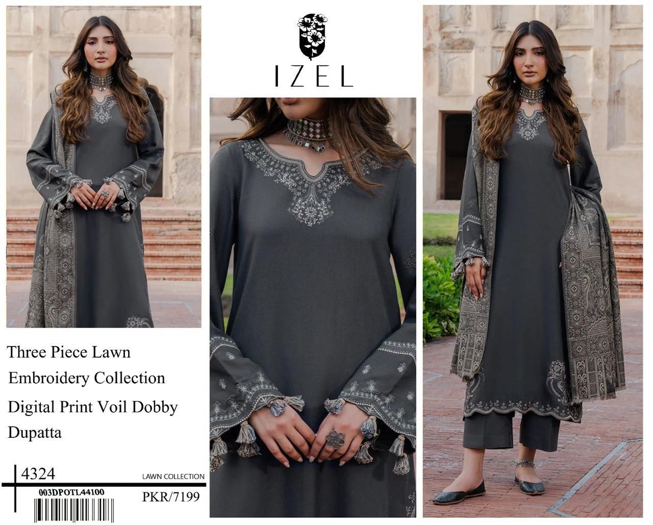 Izel Lawn Suit with embroidered front neck, embroidered sleeves, dyed trouser, and digital print voil dobby dupatta for Summer 2026 in Pakistan