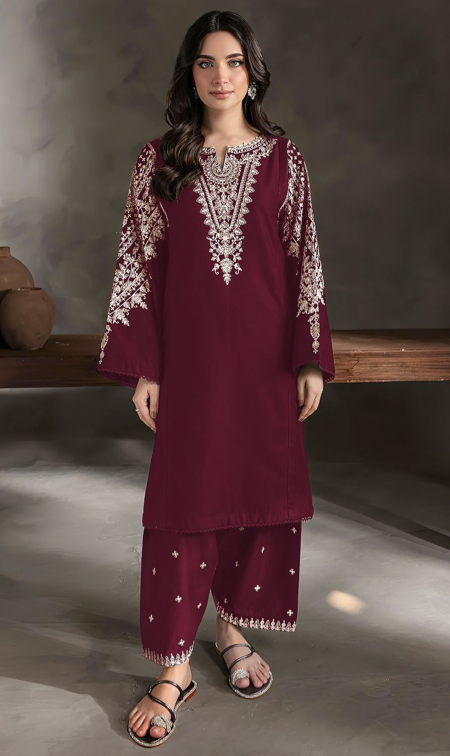 Batik Lawn Suit 777 with embroidered neck front sleeves and trouser